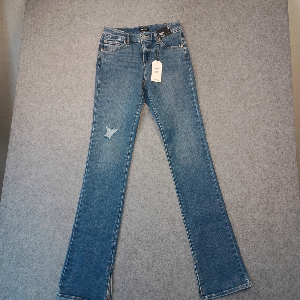Express Skyscraper Mid Rise Flexx Jeans Medium Wash Distressed Side Slit Size S